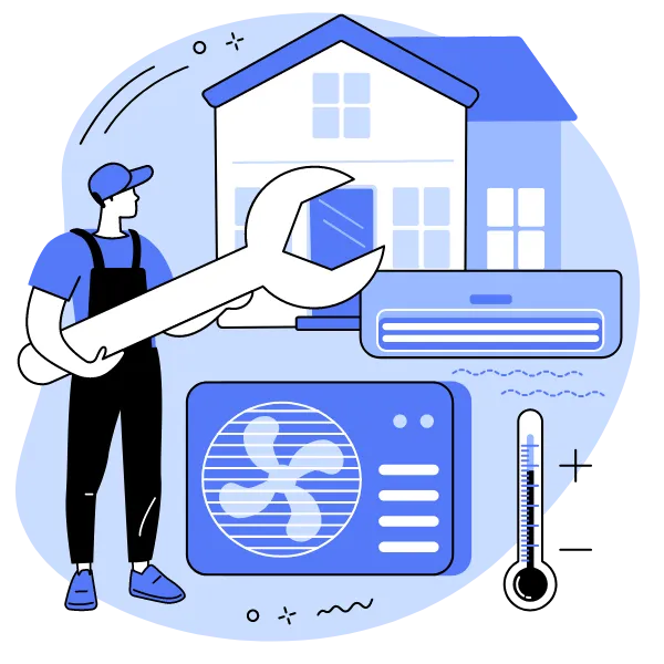Home | Airco inclusief montage - Koelblok Een tekening van een airco, airco monteur, Buitenunit en woning